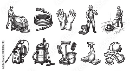 A vintage sketch collection showcases various cleaning tools and equipment including people using floor scrubbers, a hose, gloves, and safety gear, perfect for illustrating janitorial services.