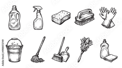 A collection of hand-drawn black and white sketches of various cleaning supplies including a bucket, mop, broom, dustpan, spray bottle, detergent, sponge, duster, gloves, and cloth.
