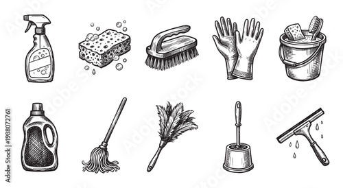 A hand-drawn sketch featuring a variety of cleaning tools including a spray bottle, sponge, brushes, gloves, a mop, and a squeegee, perfect for illustrating household chores.