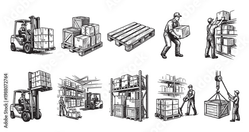 This ink sketch compilation shows warehouse workers using forklifts, hand trucks, and cranes to move boxes and pallets, illustrating logistics and storage operations.