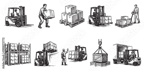 This set of ink illustrations depicts various warehouse operations, including forklifts loading and unloading boxes, workers handling packages, and storage racks.