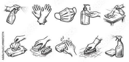 A set of hand-drawn black and white icons illustrating various hygiene and cleaning practices, including spraying disinfectant, wearing gloves, and using wipes.