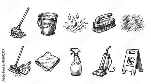 A hand-drawn collection of cleaning tools, including a mop, bucket, spray bottle, vacuum, and wet floor sign, perfect for DIY or service-related concepts.
