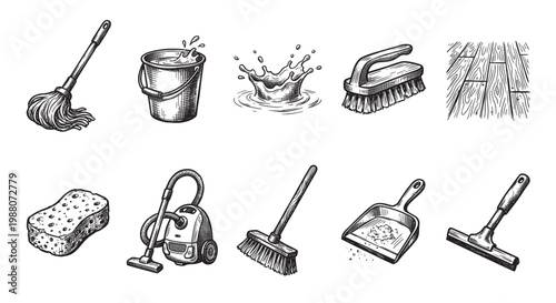 A collection of hand-drawn vintage cleaning tools, including a mop, bucket, water splash, brushes, vacuum, dustpan, and squeegee, presented in a classic black and white sketch style.