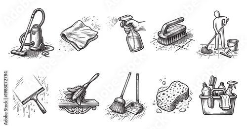 A vintage-style black and white illustration collection of various cleaning tools and supplies, including a vacuum, mop, broom, and spray bottle.