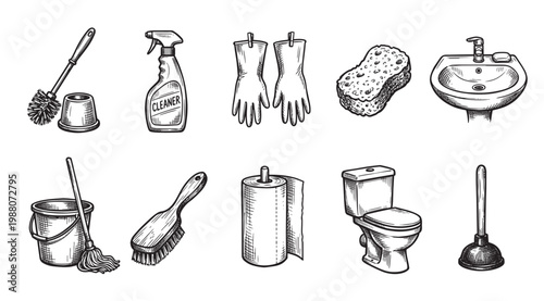 A collection of hand-drawn illustrations depicting various cleaning tools and bathroom fixtures on a white background, perfect for illustrating hygiene and household chores.