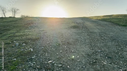 Wallpaper Mural A bright sun shines over a rugged path on a quiet hill. This vast landscape feels hopeful and lonely. The warm glow creates a peaceful sense of a new beginning in the wild. Torontodigital.ca