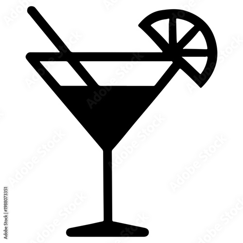 Cocktail martini glass with lemon slice and straw drink