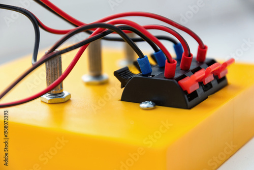 Close-up of red and black wires connected to a terminal block on a yellow base. Professional shot of electronics engineering and DIY connectivity