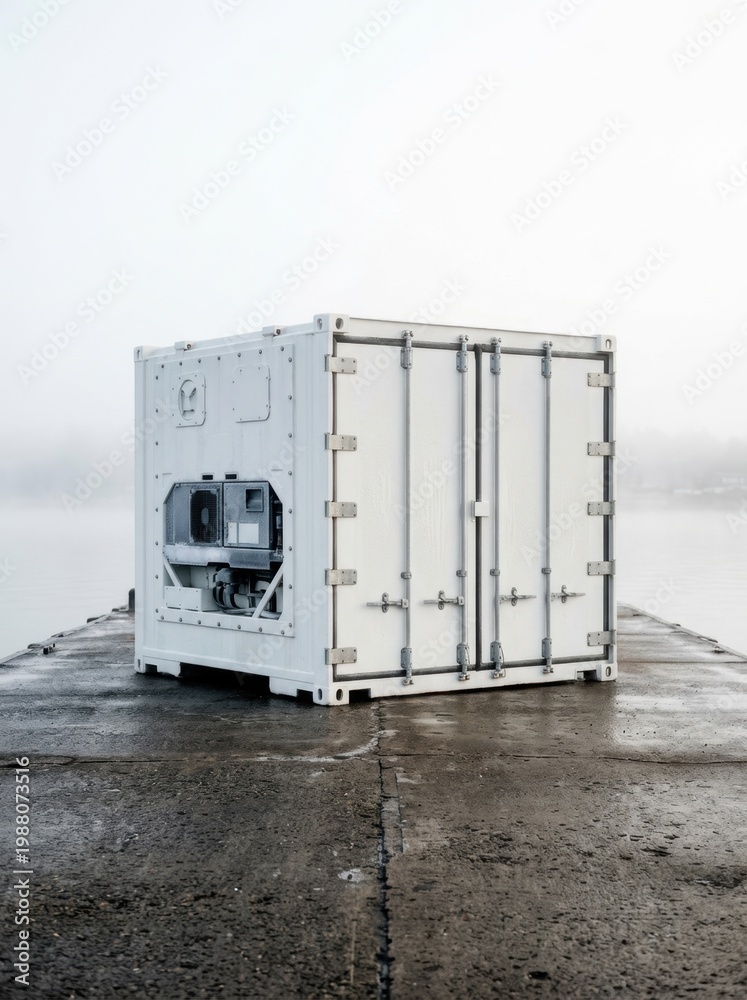 Fototapeta premium Isolated white refrigerated shipping container on a misty dock. Conceptual image representing the cold chain, perishable goods transport, and specialized maritime logistics.
