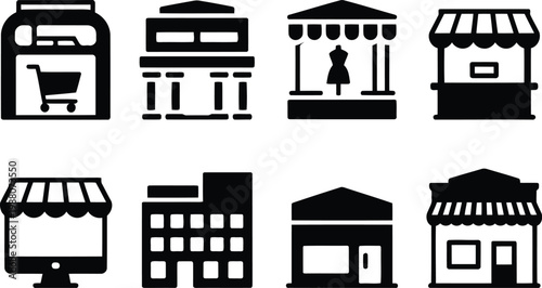 Black and white storefront icons a collection of minimalist retail building glyphs