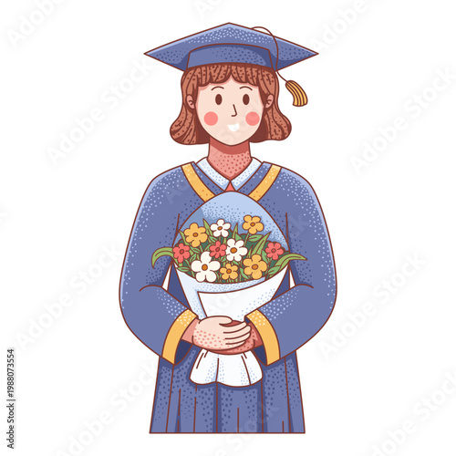 A hand-drawn cartoon illustration of a smiling girl in a graduation gown and mortarboard cap, holding a colorful flower bouquet