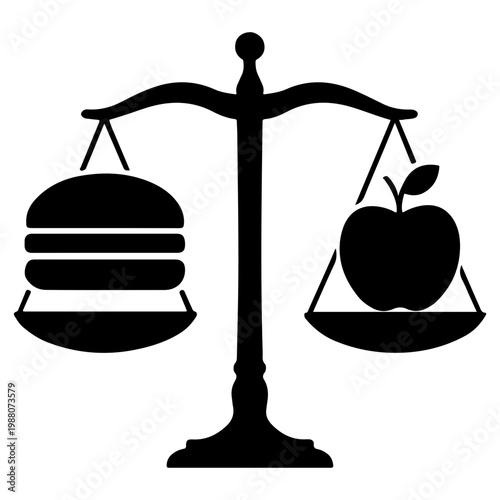 Balance scale with hamburger and apple silhouette healthy vs unhealthy