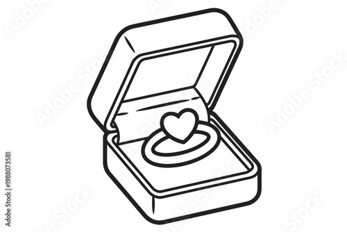 Ring Box Line Drawing - Open Engagement Box Heart Ring Minimalist Black White Illustration