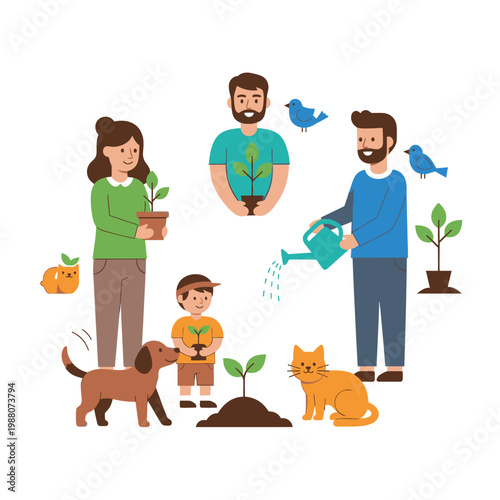 Foto Family planting trees and gardening together with pets and birds