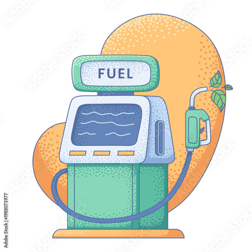 hand-drawn illustration of a green gas station fuel pump with green leaves sprouting from the nozzle, symbolizing biofuel and sustainable energy