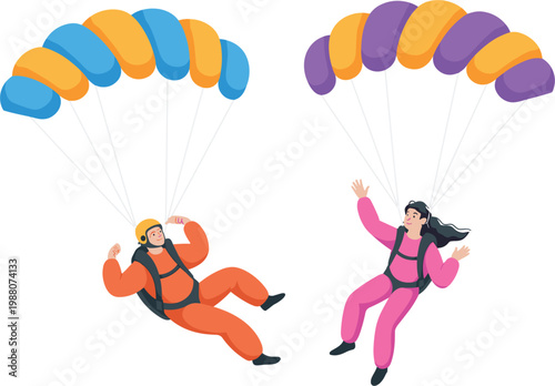 Parachuting people vector illustration, skydiving adventure sport characters with parachute outdoor extreme activity design