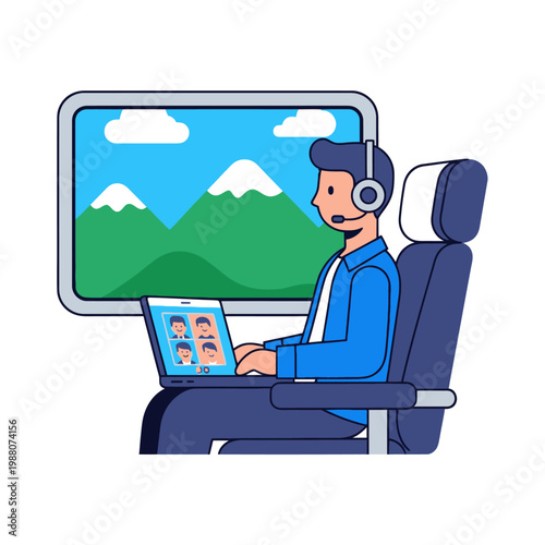 Man in headset working on laptop during travel, video call on screen