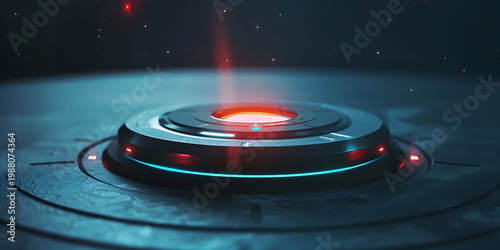 Futuristic Circular Device with Glowing Red Core in Starry Space