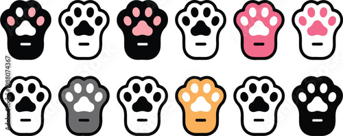 Set of cute cat paw print icons in various colors for pet shop branding animal care veterinary services and feline lover social media stickers