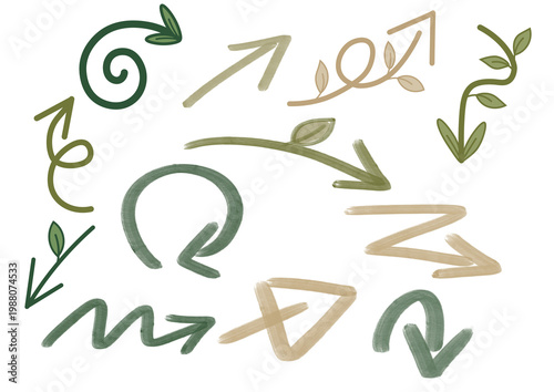 Set of hand-drawn green and beige arrows decorated with leaves. Creative eco-friendly brush stroke pointers isolated on a transparent background for nature and growth designs.