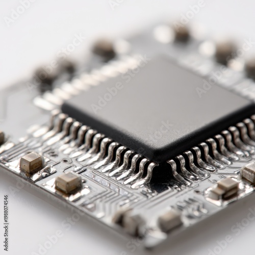 Close up of integrated circuit with detailed microchip design