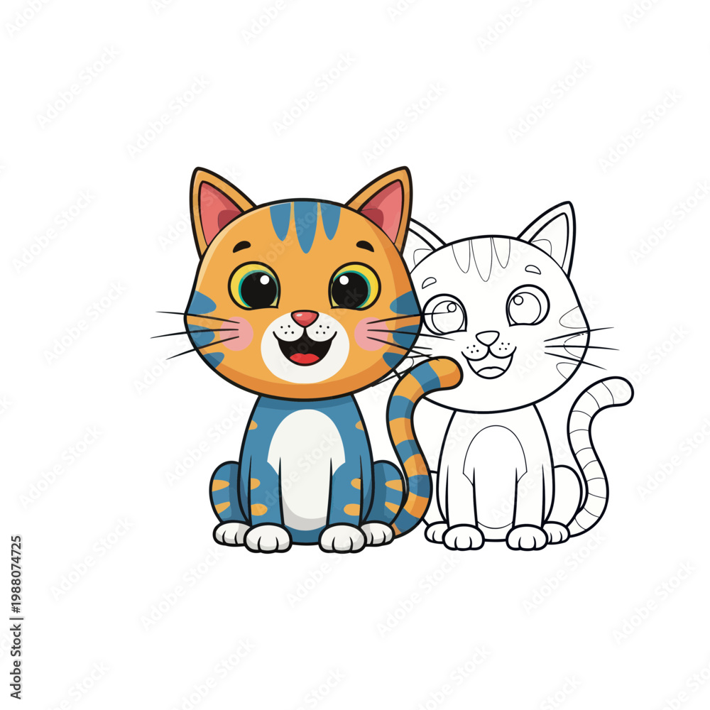 Fototapeta premium Cute cartoon cats, one colored, one outline for coloring