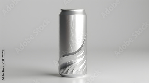 Silver Metal Can with Abstract Dynamic Swirl Design, Product Mockup on Gray Background