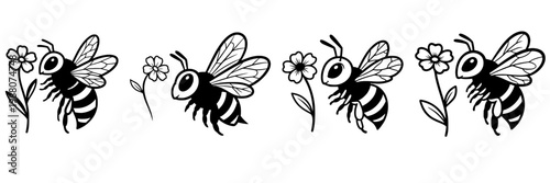 Border pattern with black and white cute cartoon bees and flowers