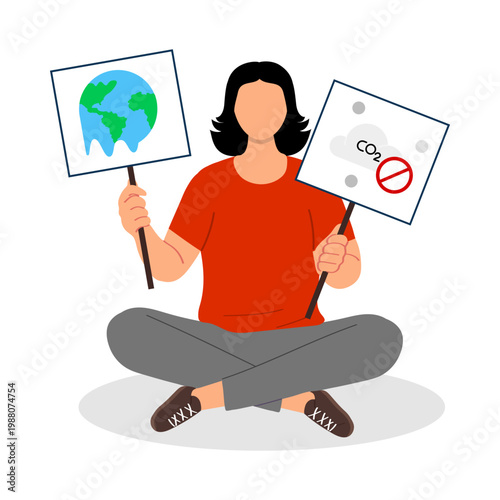 Woman protesting climate change with signs about earth and carbon, suitable for environmental activism campaigns, blog posts, and educational materials.