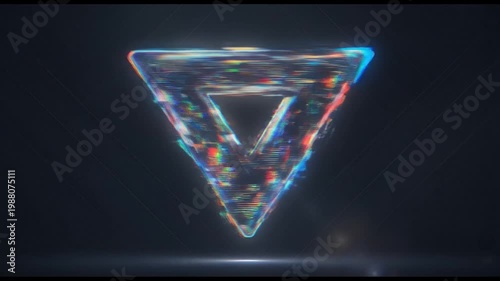 Vibrant digital triangle with dynamic glitch effects, representing a futuristic concept of data distortion or technological instability against a dark, atmospheric backdrop