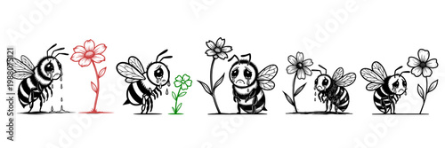 Set of sad crying cartoon bees and flowers in black and white line art