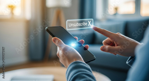 Person unsubscribe from app on smartphone in cozy home setting with warm lighting