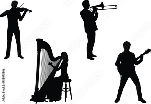 Musicians silhouettes set, violin trombone harp guitar players vector illustration music performance band collection