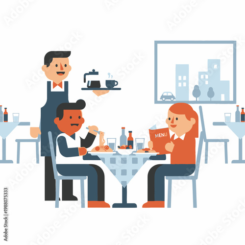 Couple enjoying dinner at a restaurant, waiter serving drinks, flat illustration style
