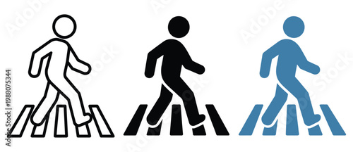 Crosswalk sign with pedestrian crossing road icon, person walking on zebra crossing symbol, human safety sidewalk vector illustration for traffic signs, urban navigation, road safety awareness and 
