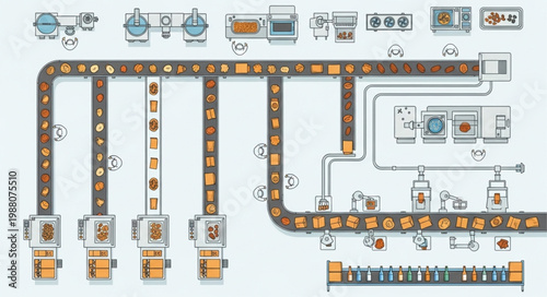 Automated Industrial Production Line with Conveyor Belts and Machinery.