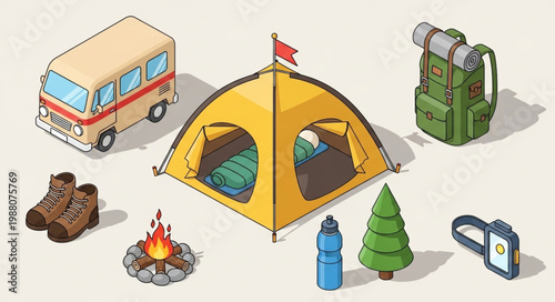 Camping Gear Collection Isometric Illustration.