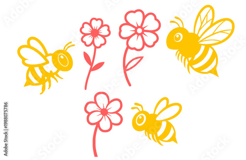 Set of simple cute yellow cartoon bees and pink flowers flat style