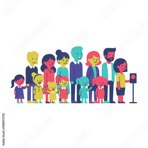 Diverse group of people and children queuing, illustration