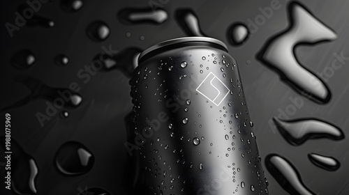 Close-up of wet black soda can with water droplets on dark background