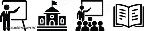 Education icons teacher school building student lecture and open book representation