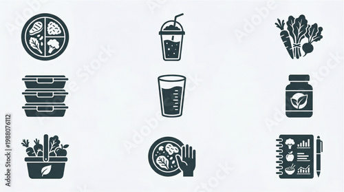 Healthy Lifestyle Nutrition Icons Meal Planning, Balanced Diets, Fresh Produce, and Wellness. Essential for Sustainable Eating Habits