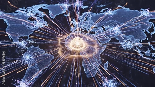 Abstract world map with glowing sphere and radiating light rays