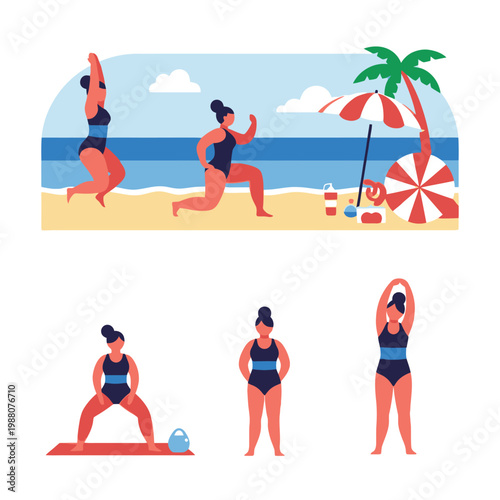 Woman exercising on beach and at home, fitness routine illustration