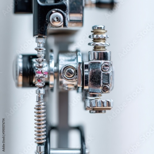 Close up of a precision mechanical component with chrome finish and intricate details