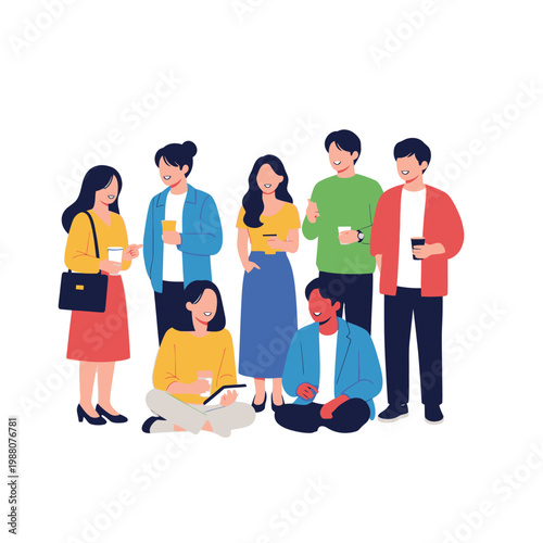 Diverse group of young people in casual clothing socializing and holding coffee cups.