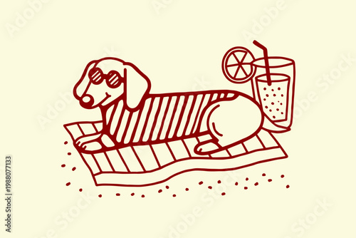 Dachshund dog with sunglasses lying on a beach towel next to a refreshing drink hot weather cooling down line art wiener dog sausage dog hand drawn dachshund sunglasses vacation