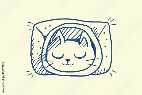 Close-up of a cat sleeping soundly in a soft bed looking serene and content eyes closed line art hand drawn domestic animal sleeping comfortable peaceful relaxation domestic