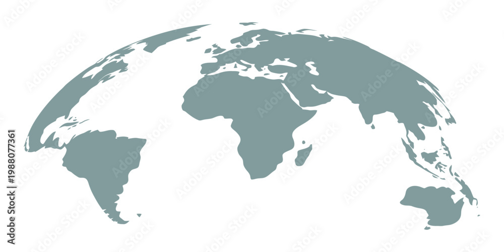 Naklejka premium Curved world map silhouette with half globe of blue planet Earth, global business geography illustration featuring Africa, Asia, America, Europe and Australia continents, travel vector infographic for